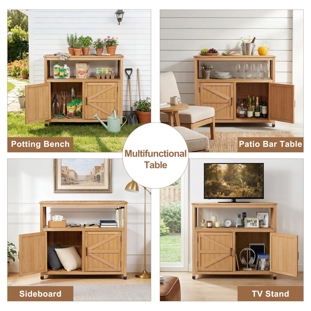 Outdoor Patio Bar Table, Wooden Serving Station with Storage Cabinet
