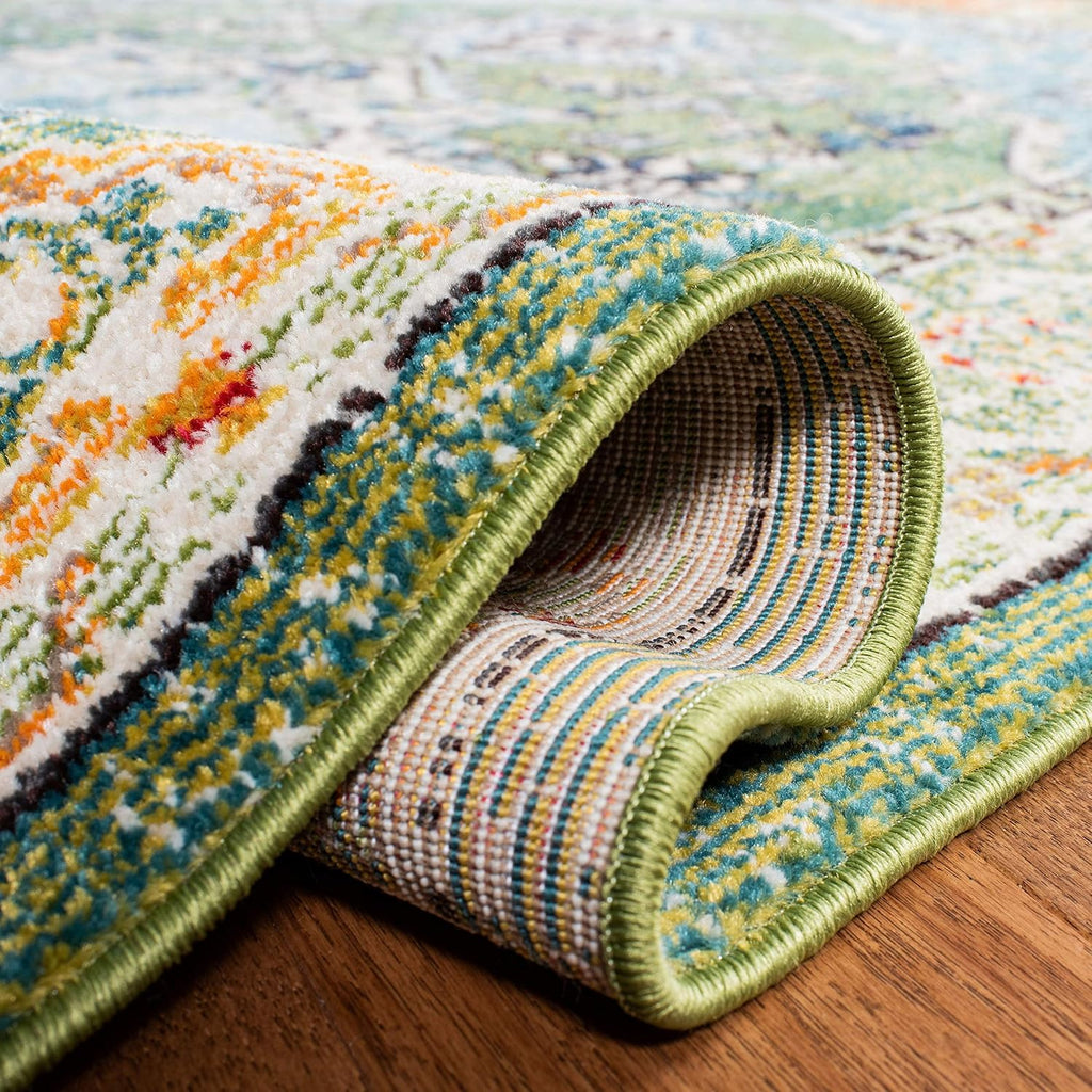 Monaco Collection Area Rug, Green & Turquoise, Boho Oriental Medallion Design, Non-Shedding & Easy