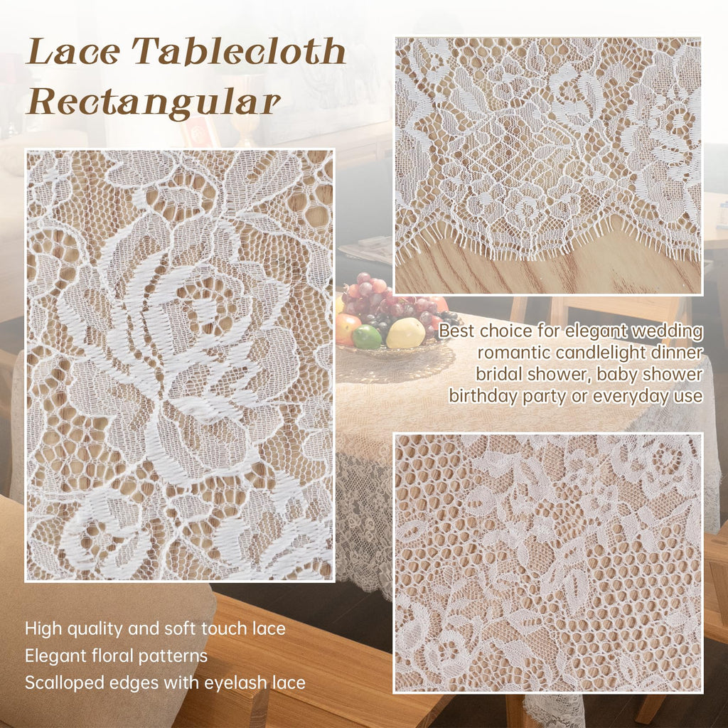 White Lace Tablecloth 60"x120" - Vintage Boho Rectangle Overlay for Rustic Weddings, Bridal Showers, and Stylish
