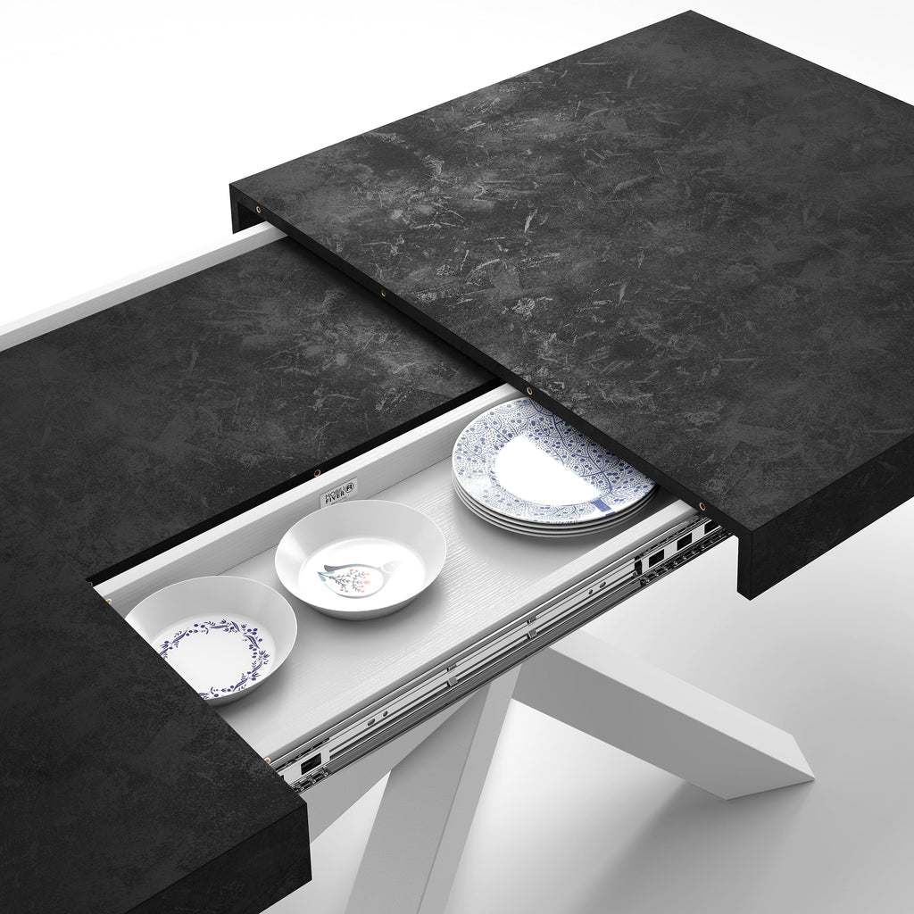 Emma 63(94.5) x35.4 in, Extendable Dining Table, Concrete Effect, Black with White Crossed Legs, Made in Italy
