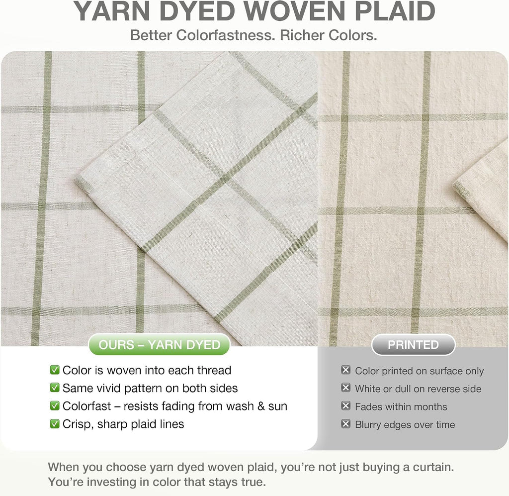 Sage Green Plaid Linen Pinch Pleated Semi Sheer Curtains Checkered Light Filtering Window Panels 84 inches Long for