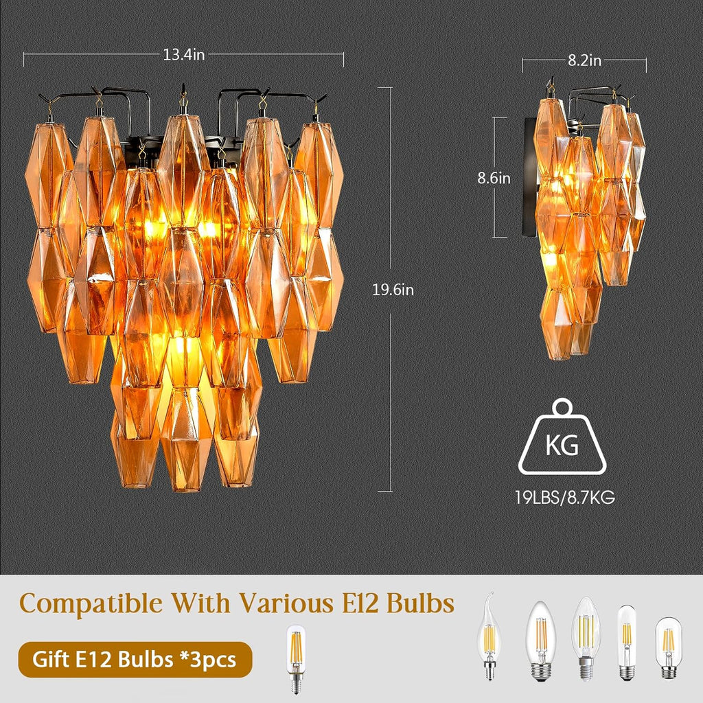 Black Wall Sconce, Modern Black Sconce Wall Lighting, Amber Glass Sconces for Bathroom, Luxury Wall Lights for Living Room, Wall Lamp for Bedroom, Vanity Light for Hallway, Staircase A118-B0DT4B52B5