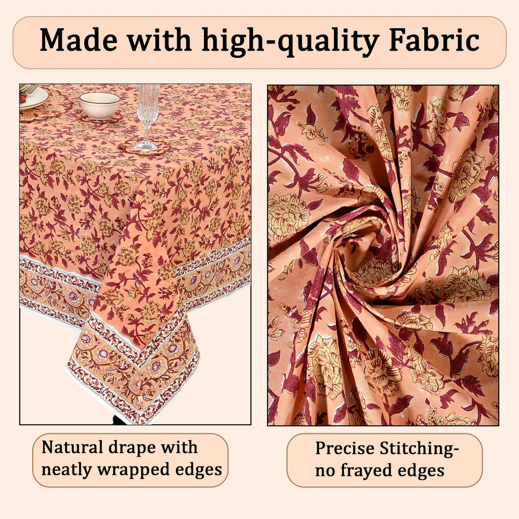 Apricot Rosette Vine Block Print Rectangle Tablecloth 52x70 Inch