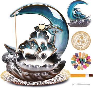 New Moon Backflow Incense Holder, Ceramic Hand-Made Incense Fountain Burner with 100 Backflow Incense Cones,Fragrance - Set of 140