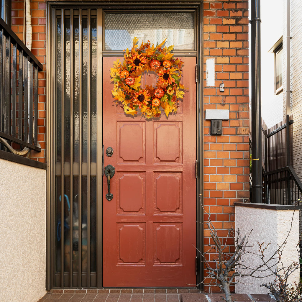 Fall Wreaths for Front Door 22 Inch, Autumn Wreath with Berry Pumpkin, Maple Leaves, Thanksgiving Harvest Festival
