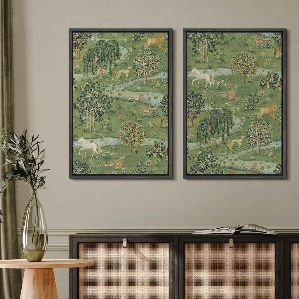 Framed Canvas Print Wall Art Set Enchanted Woodland Meadow with Lions, Unicorns, and Forest Wildlife Illustrations