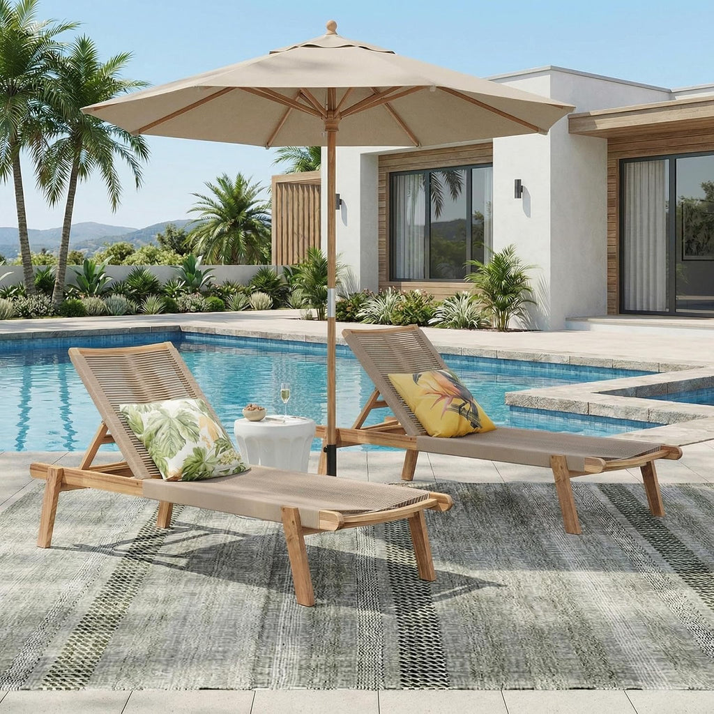 Outdoor Chaise Lounge Chair Set of 2, 77" L Acacia Wood Patio Lounge Chair with 4 Adjustable Position, Rope Woven