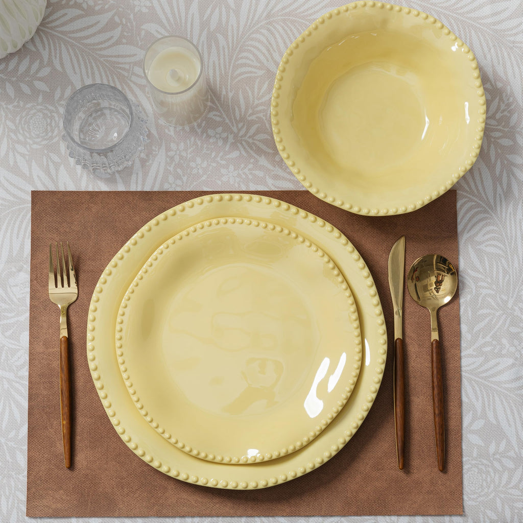 Pearl Dots Melamine Dinnerware Set for 4, Beaded Plates and Bowl Set,Yellow