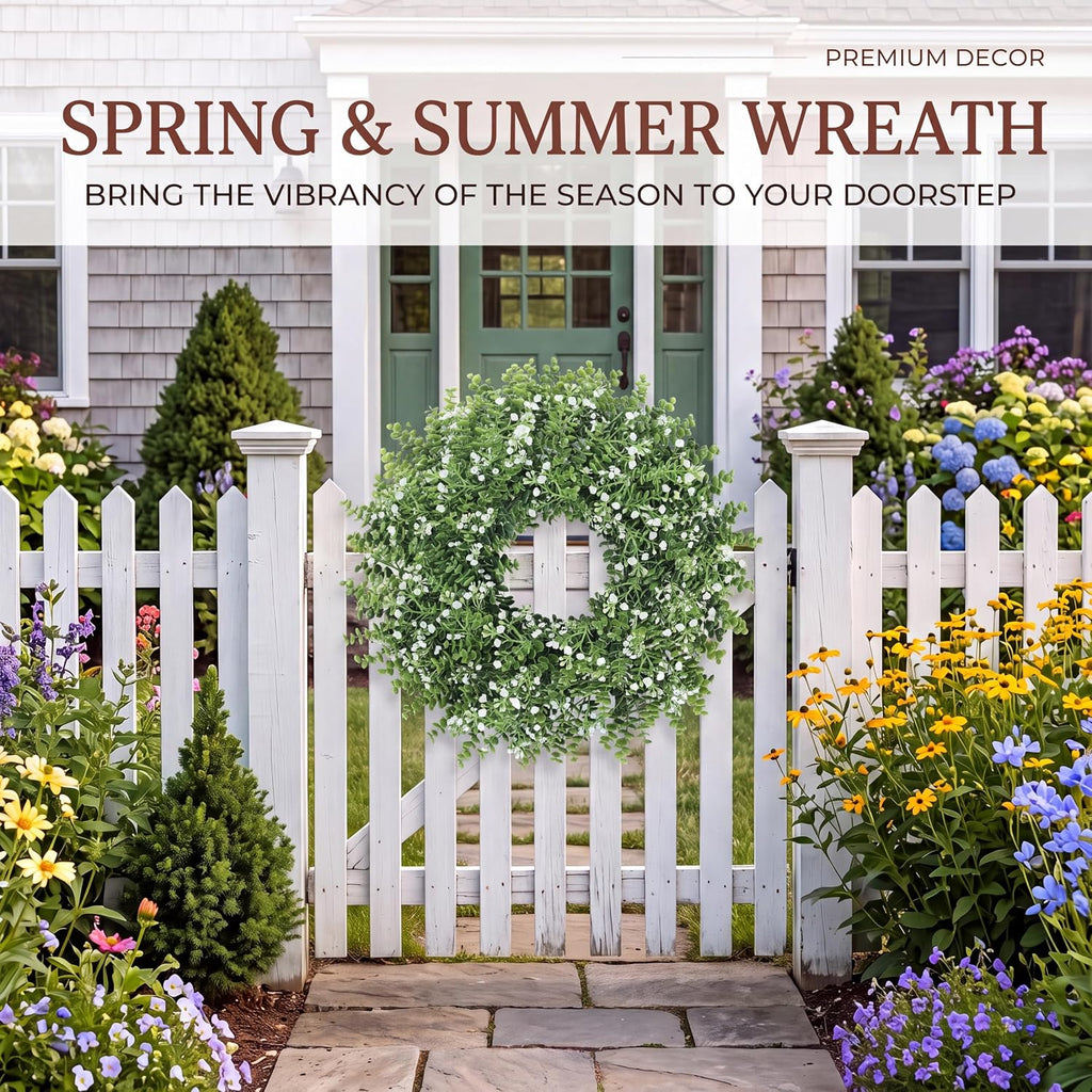 24'' Large Boxwood Wreath for Front Door Artificial Spring Summer Wreath with Baby's Breath Greenery Wreaths