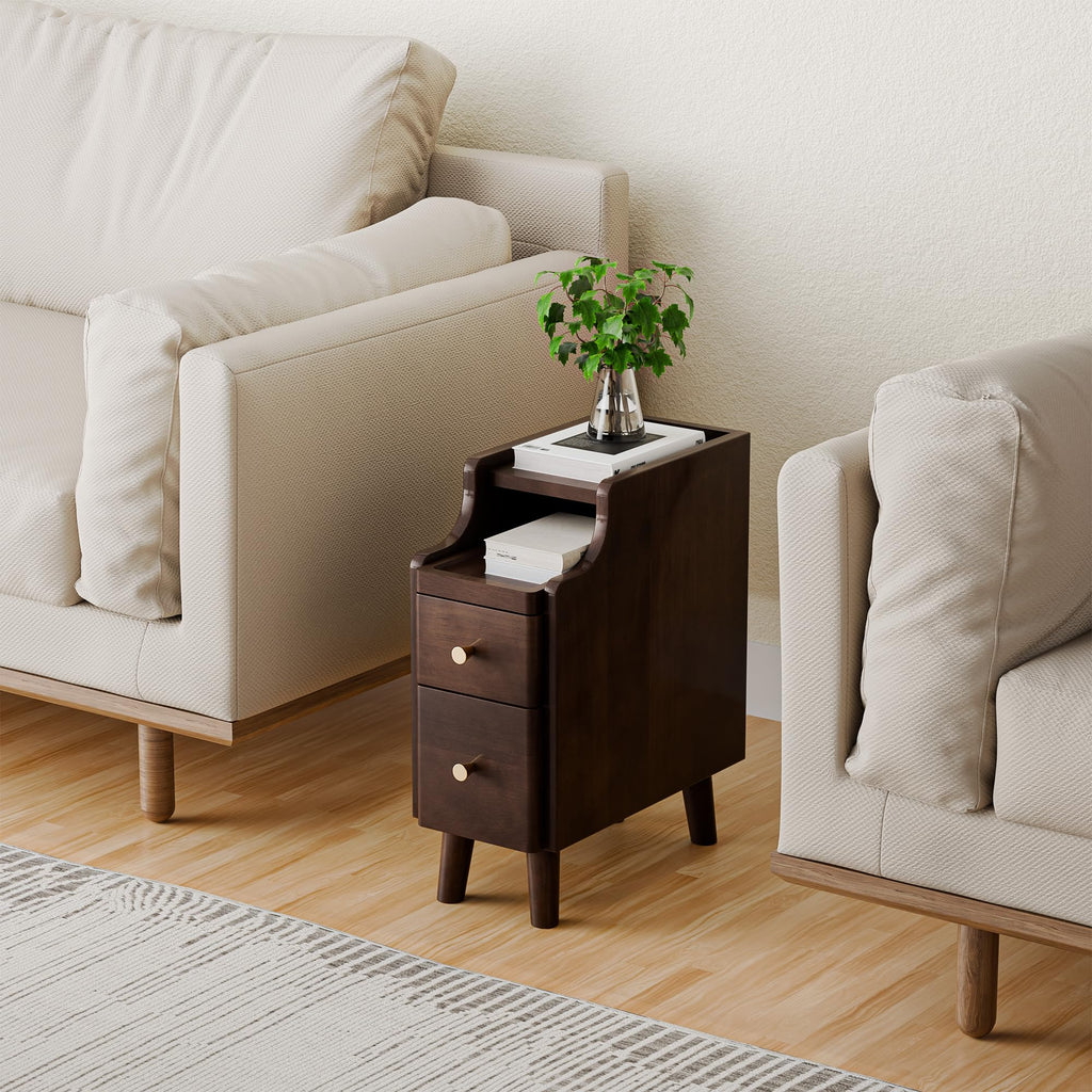 Nightstand, Pre-Assembled, 19.7"H Solid Wood Night Stand with 2 Drawers, Open Sliding Shelf, Mid Century Modern Small