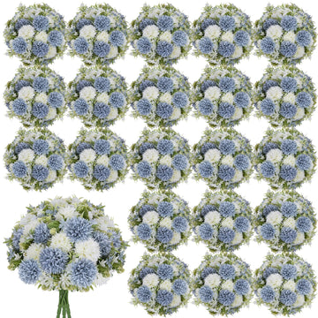Dusty Blue White Artificial Flowers 24 Bundles Silk Floral with Stem