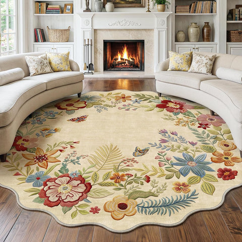 8ft Round Floral Washable Area Rug Beige Neutral Vintage Flower Botanical Cottage Boho Cream Scallop