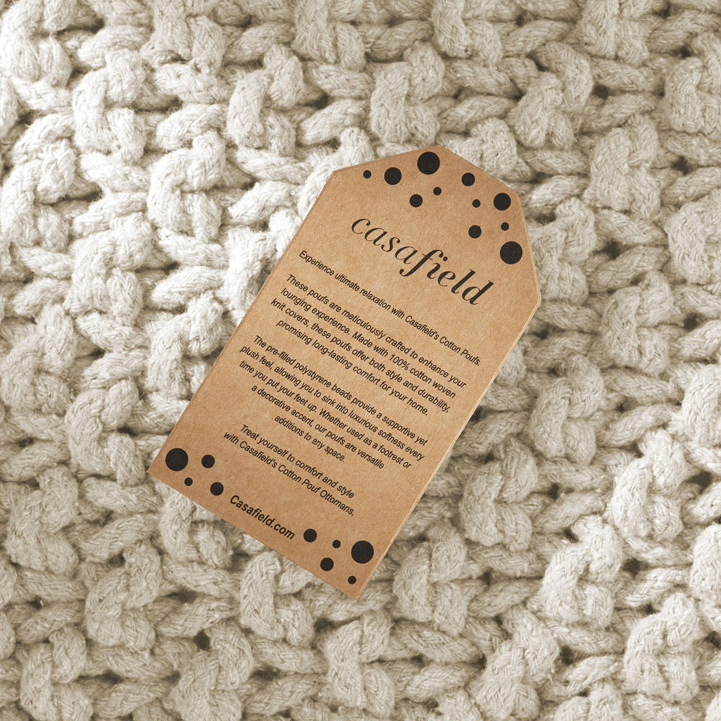 Square Pouf Ottoman, Natural - 18.5" W x 18.5" D x 14.5" H Cotton Knit Foot Stool - Boho Floor Pouffe