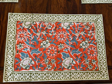 Handmade Placemats and Napkins Set - Blue and Green Cloth Table Mats - Thanksgiving Decor & New Mom Gift (Red)