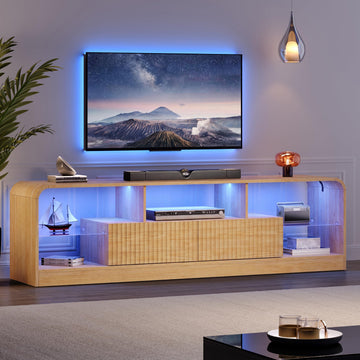 TV Stand for 60/65/70 Inch TVs, Modern Curved TV Console with LED Lights, 2 Drawers & Glass Shelves, Living Room