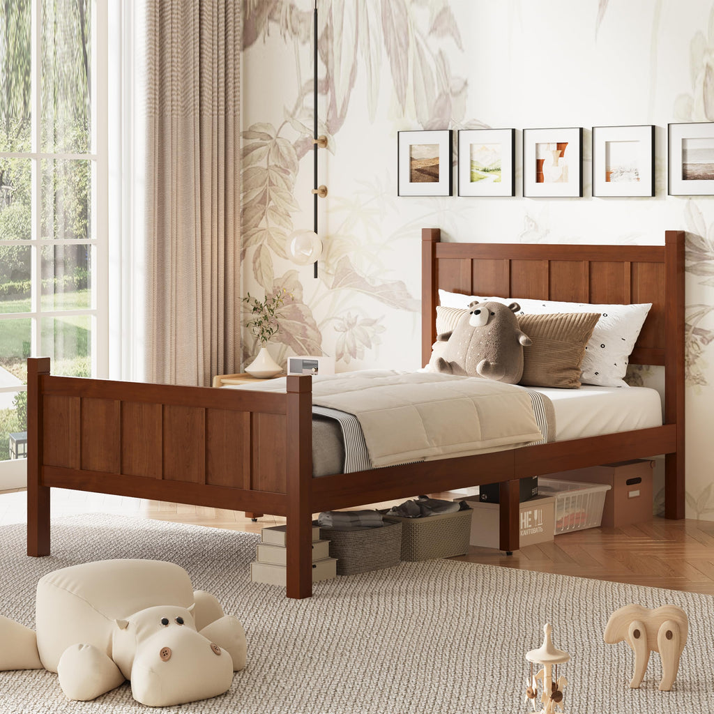 Wood Bed Frame with Headboard and Footboard, Shaker Farmhouse Platform Bed Frame with 11.5" Under-Bed Storage