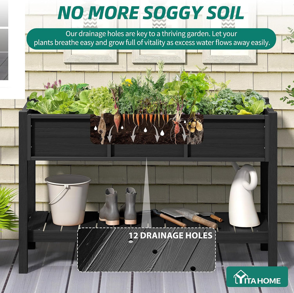 Raised Garden Bed HDPE 2PCS, 48x18x30in Raised Planter Box with Legs & Storage Shelf, Poly-Wood Weather-Resistant