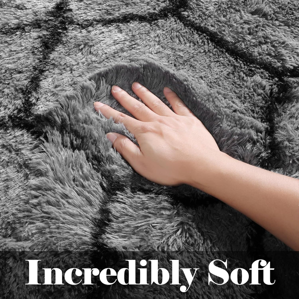 6x9 Area Rugs for Living Room Bedroom, Large Fluffy Grey and Black Throw Rug, Geometric Soft Plush Shaggy Fuzzy Floor
