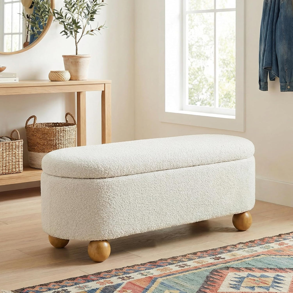 44.8" Storage Ottoman Bench End of Bed Bench with Hinge, Beige | Cute Spherical Solid Wood Stool Legs, Comfortable