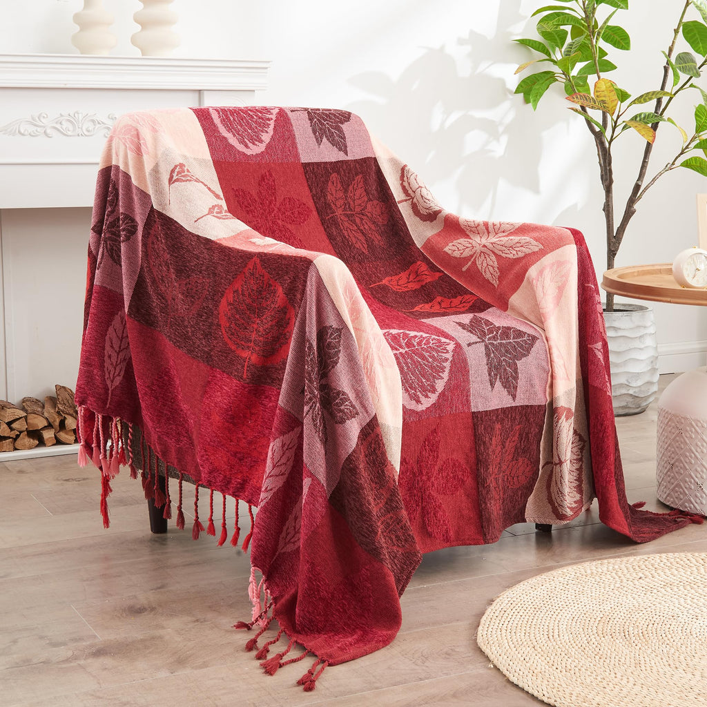 Bohemian Chenille Jacquard Tassel Throws - Reversible Red&Pink Maple Leaf Design for Boho Hippie Vibes - Oversized