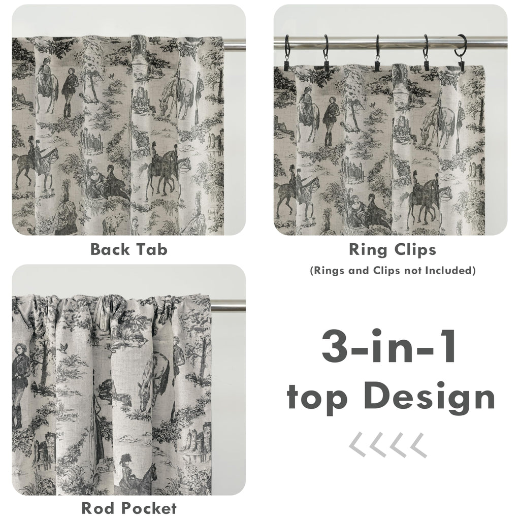 100% Blackout Curtains Toile Linen Back Tab, W52xL84, Black