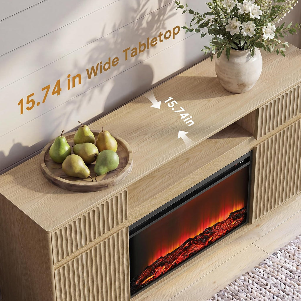 Fireplace TV Stand with 30" Electric Fireplace, Modern Fireplace Entertainment Center Fits TVs up to 70", Fluted Wood