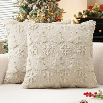 Christmas Decorations Euro Pillow Covers 24x24 Beige Tree Snowflakes