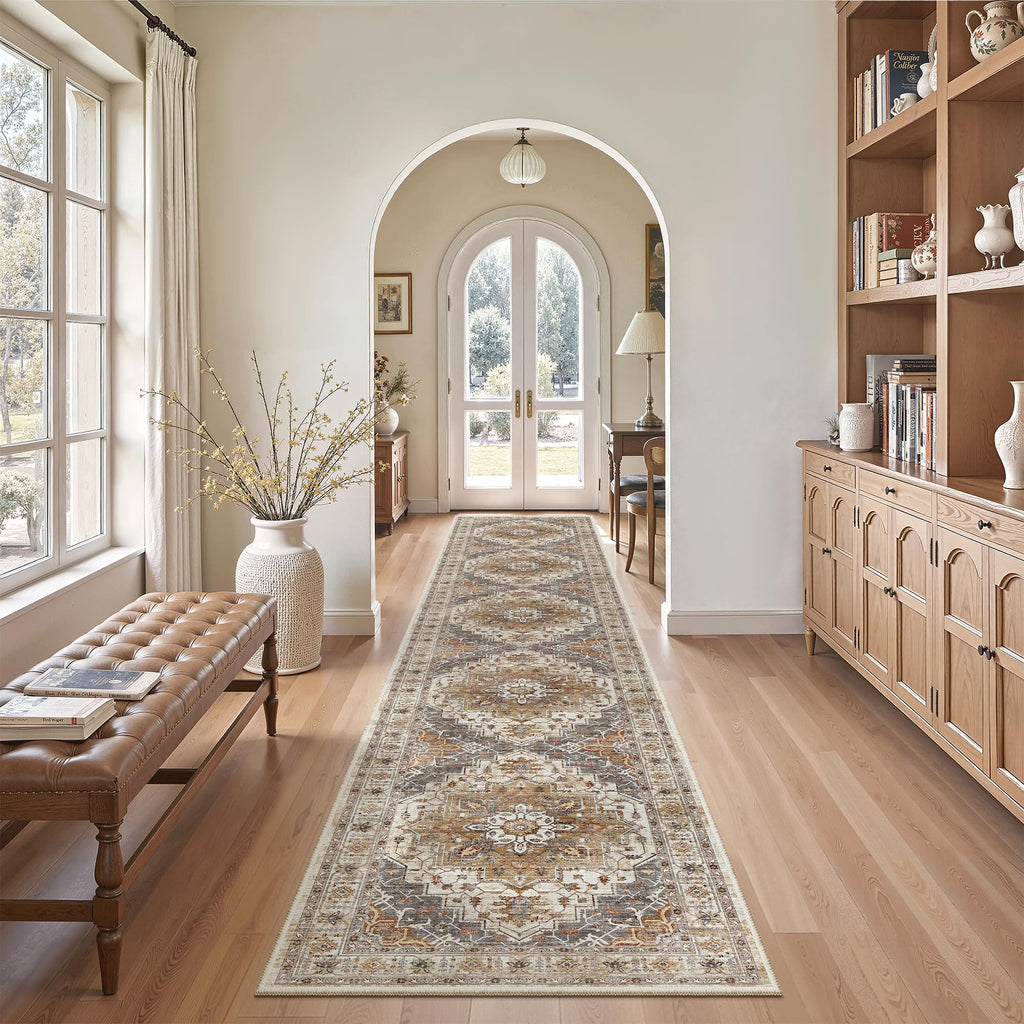 Washable Runner Rugs 2x12 Long Kitchen, Turmeric/Grey