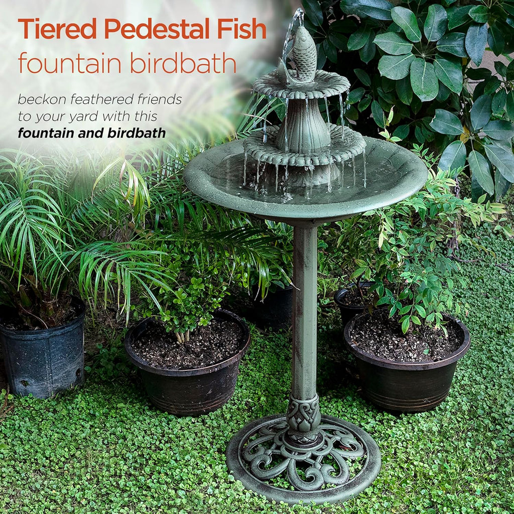 40" Tall Outdoor 3 Tier Pedestal Water Fountain with Vintage Birdbath Accent, Garden Decor, Green