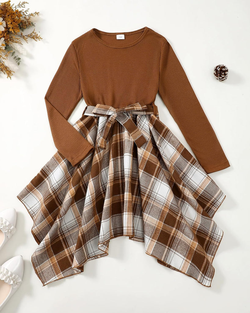 Girls Fall Dress Long Sleeve Casual Plaid Irregular Dresses