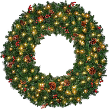 48in Large Artificial Pre-Lit Christmas Wreath, 240 LED Warm White Lights & 630 PVC Tips, Xmas Wreath Holiday Accent