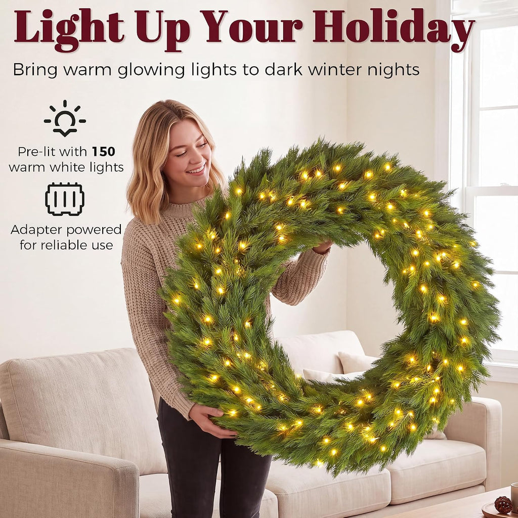 48 in Pre-Lit Norwegian Spruce Artificial Christmas Wreath, Green