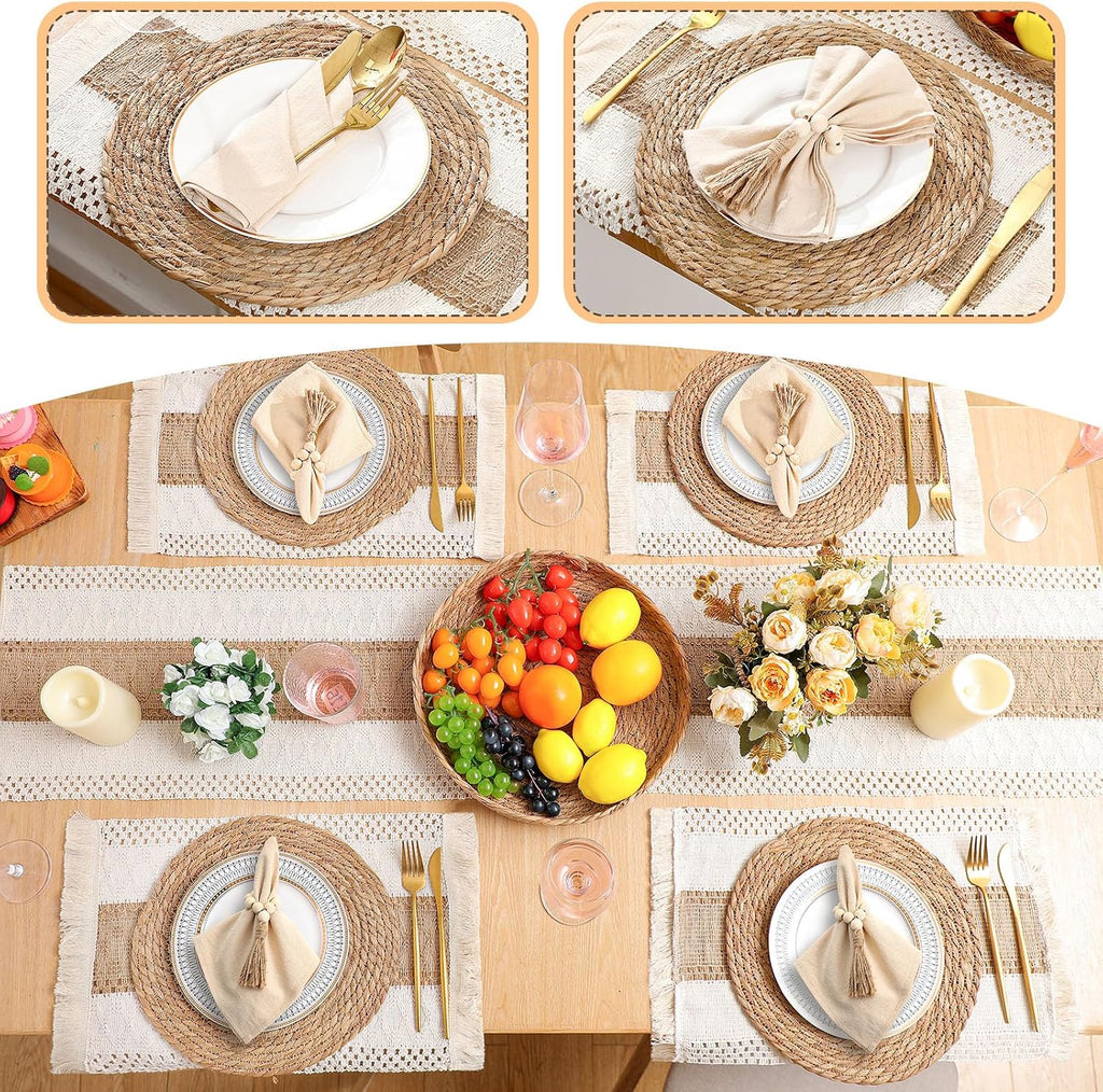 Boho Placemat Table Runner Napkin Rings, Khaki, 12x72, 6 Sets | Woven Mats for Dining with Wood Bead Rings, Cloth