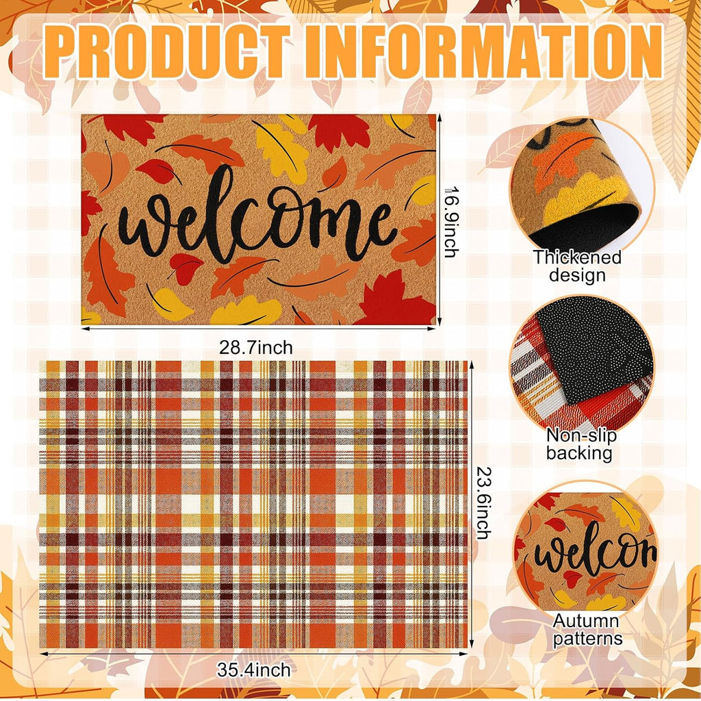 2 Pcs Fall Leaves Layered Doormats Fall Coir Welcome Mat | Non-slip Autumn Door Mat, Brown and White Plaid Rug