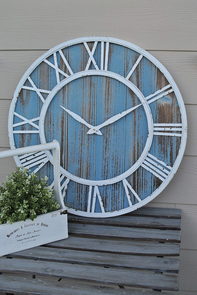 24" Coastal Wall Clock - Metal & Solid Wood Noiseless Weathered Beach Blue Wall Clock (Coastal Blue, 24-inch)