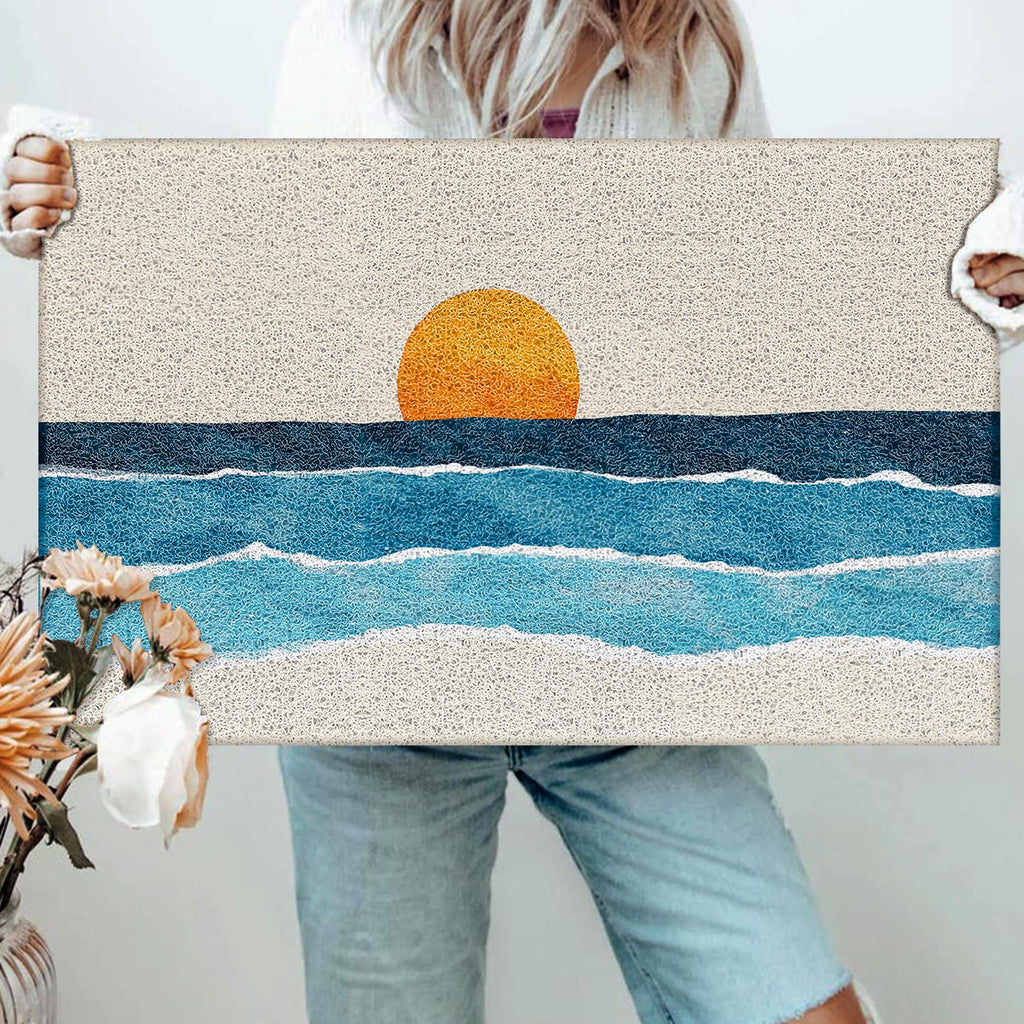 Boho Door Mat, Abstract Boho Sunrise Sunset Blue Ocean Beach Doormat Non-Slip for Front Door Porch Indoor Outside