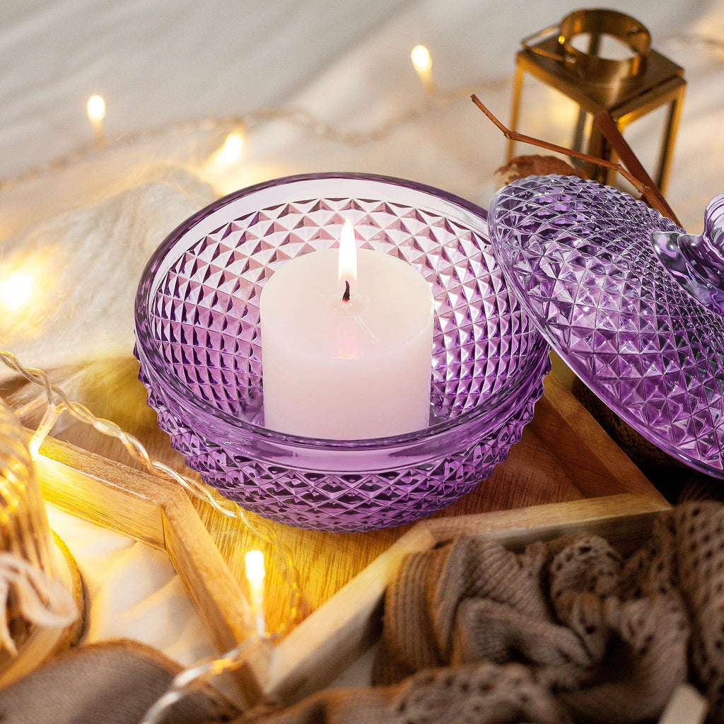 12 oz Small Purple Glass Jewelry Box Jars with Lid, Embossed Glass Candy Dishes, Diamond Faceted Food