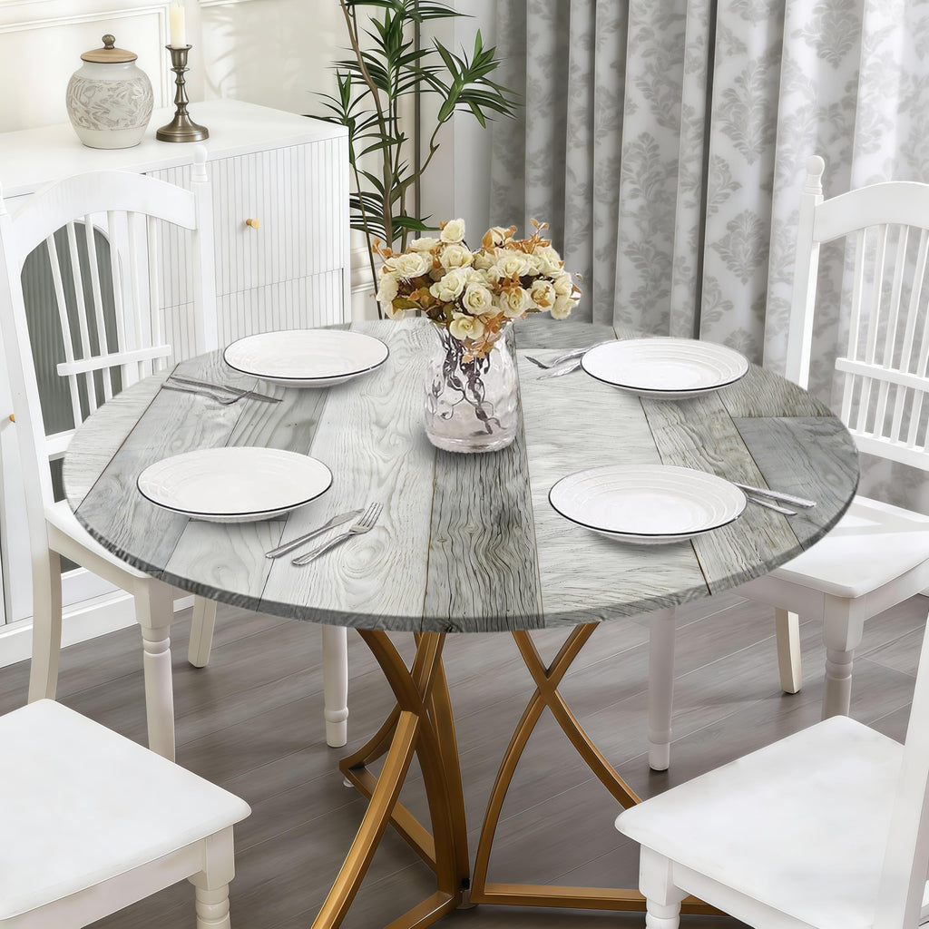 Wood Grain 60 Inch Round Fitted Cloth Tablecloth with Elastic Edged, Waterproof Oil Proof Wipeable Table Cover for