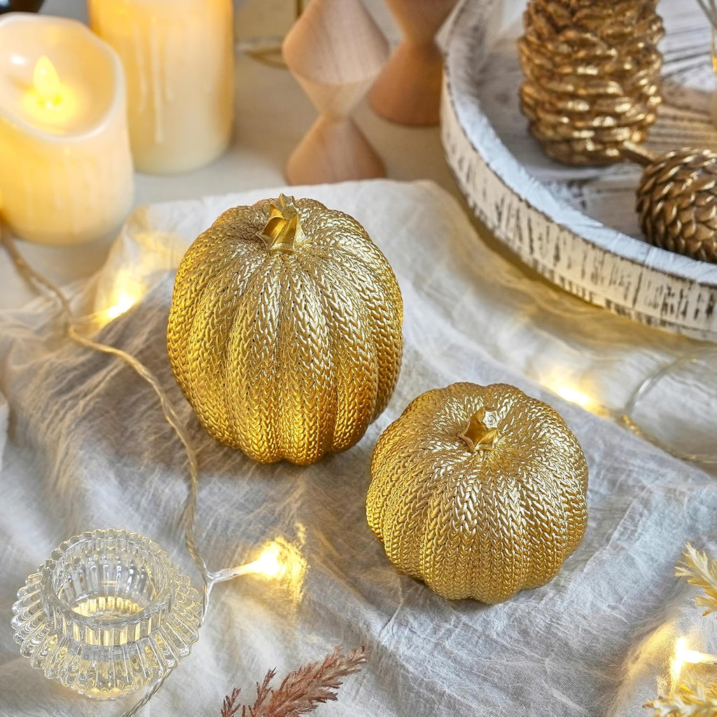 Pumpkin Fall Decor Indoor, Resin Gold Pumpkin for Decorating - Set of 2