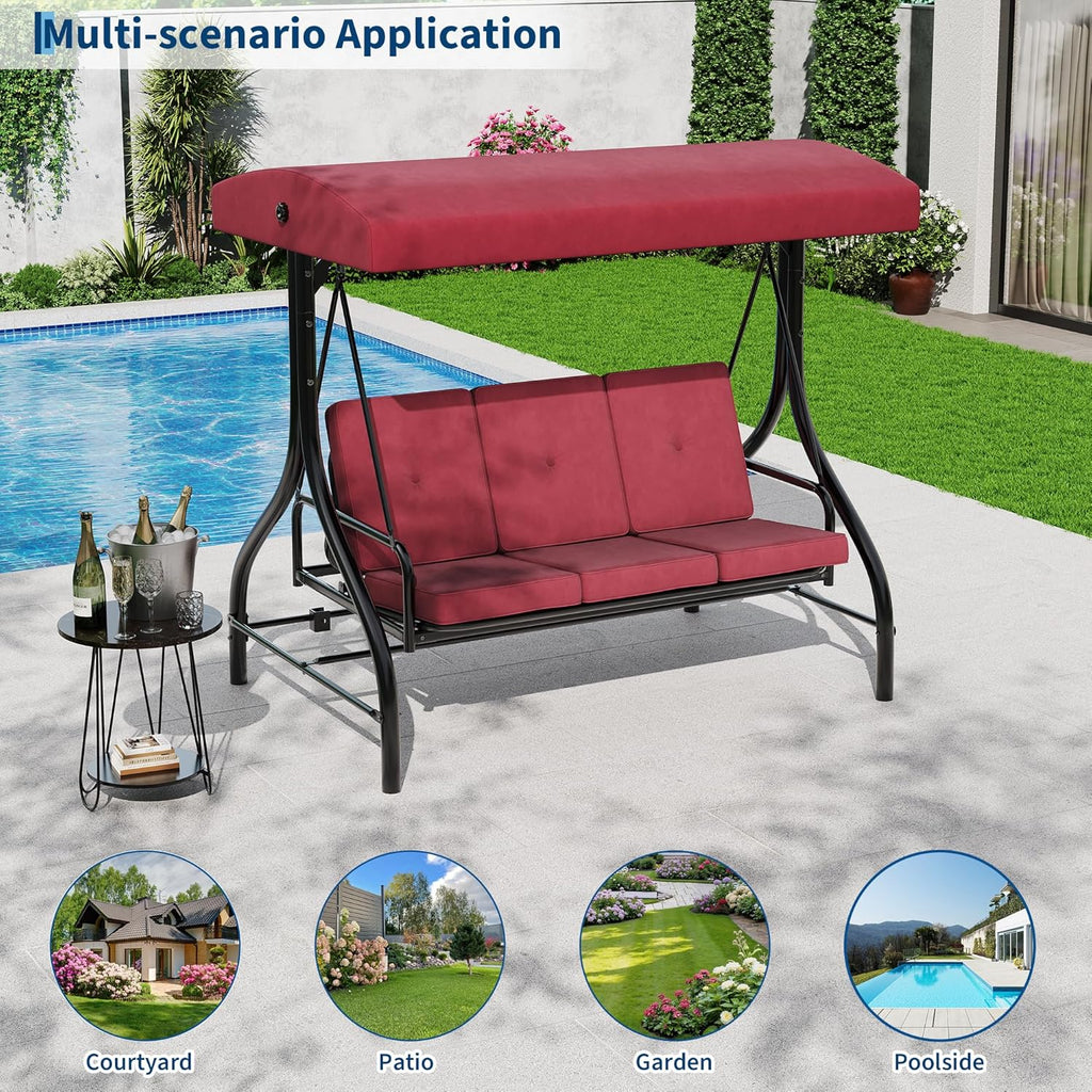3-Seat Patio Porch Swing with Stand, Convertible Outdoor Swing Bed with Adjustable UV-Resistant Waterproof Canopy