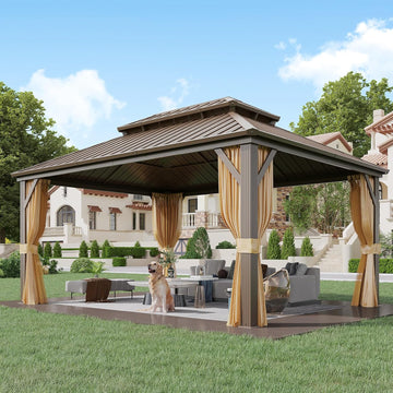12' x 16' Gazebo Hardtop with Aluminum Frame,Galvanized Steel Double Roof Gazebos with Curtain and Netting,Outdoor Metal Pergolas for Garden, Lawn, Deck, Brown