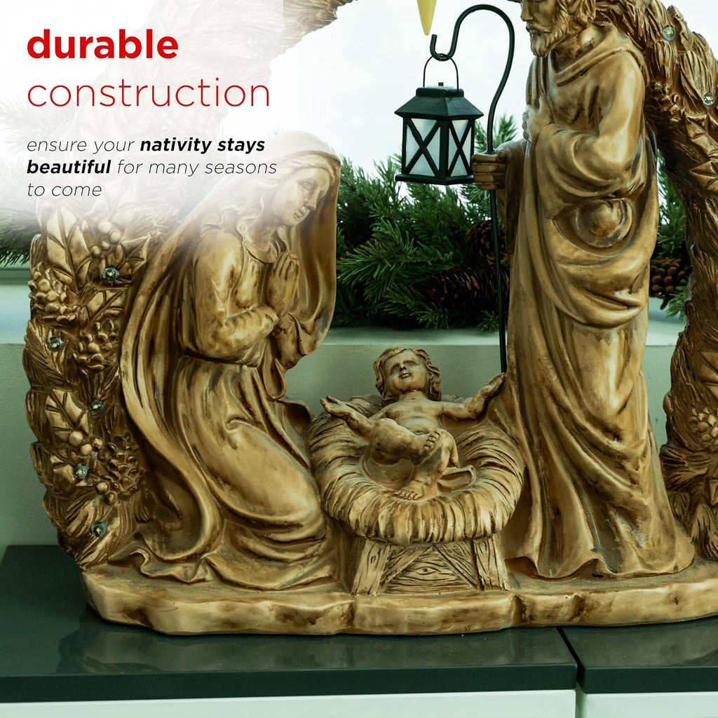 25" Tall Indoor/Outdoor Nativity Scene Lighted Holiday Decor with Warm White LED Lights, Christmas Displays, Brown