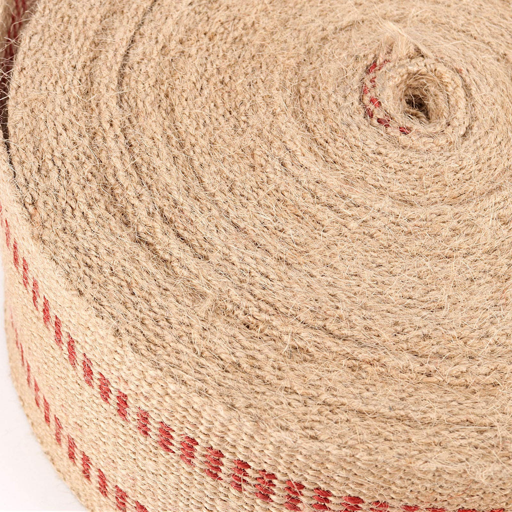 2 Inch x 33 Yards Upholstery Jute Webbing, 5cm x 30m Thickened Jute Chair Webbing Furniture Natural with Red Stripes