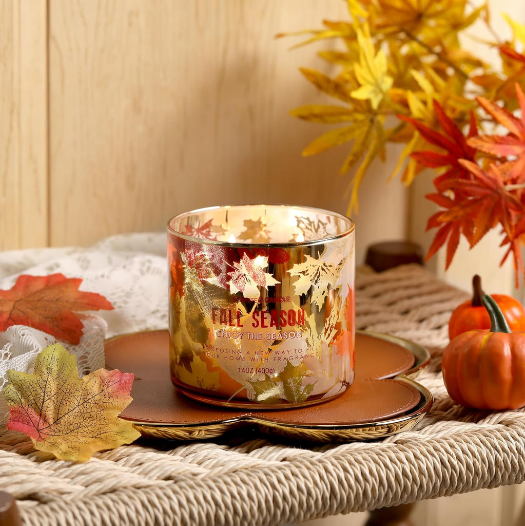 Fall Candle,Autumn Leaves Scented Candle,Large 3 Wicks,Fall Gift Decor,14oz - Set of 14