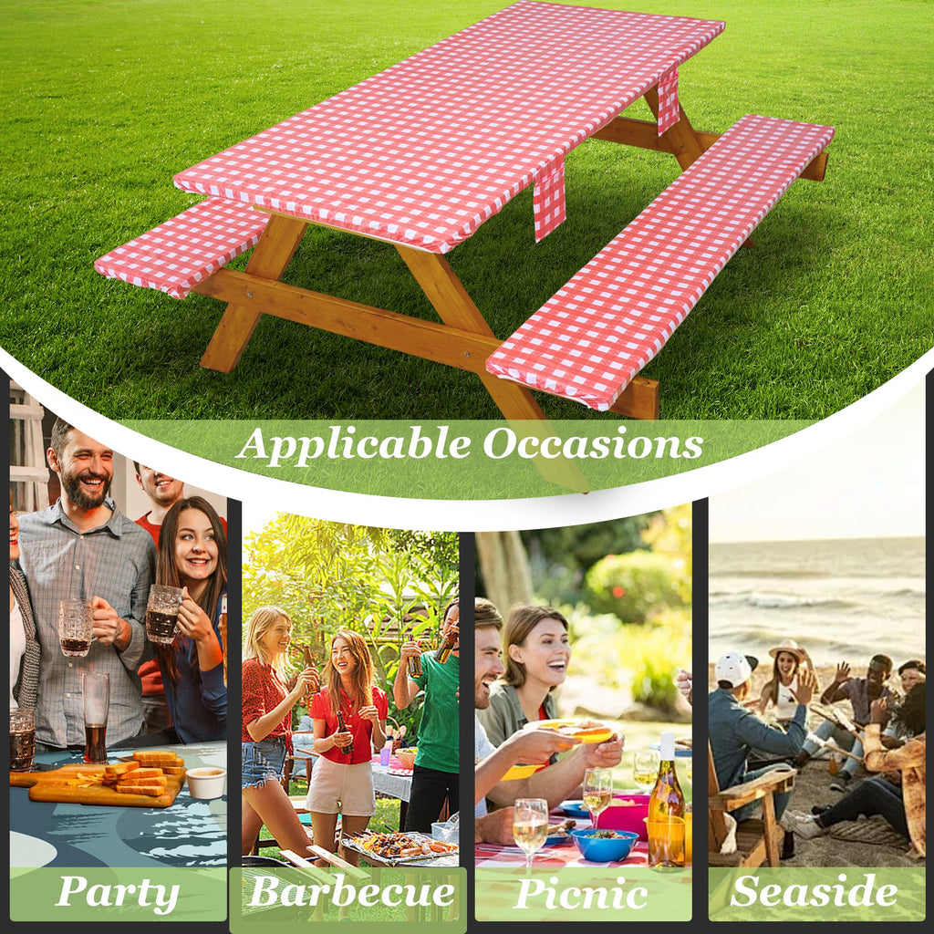 Fitted Picnic Table Cover with Bench Covers Waterproof Elastic Edges Rectangle Patio Tablecloth Outdoor Camping