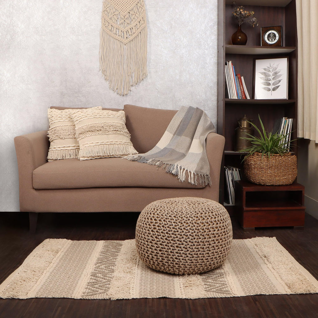 Round Pouf - Hand Knitted Boho Poof - Beige Ivory, Set of 2