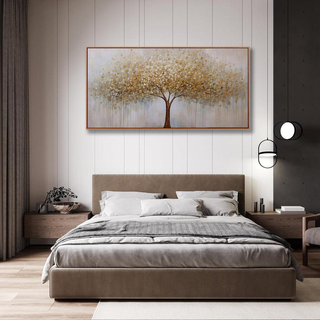 Wall Art Abstract Gold Tree of Life Framed Modern Artwork Canvas Painting Textured Tree Pictures Wall Decor Bedroom