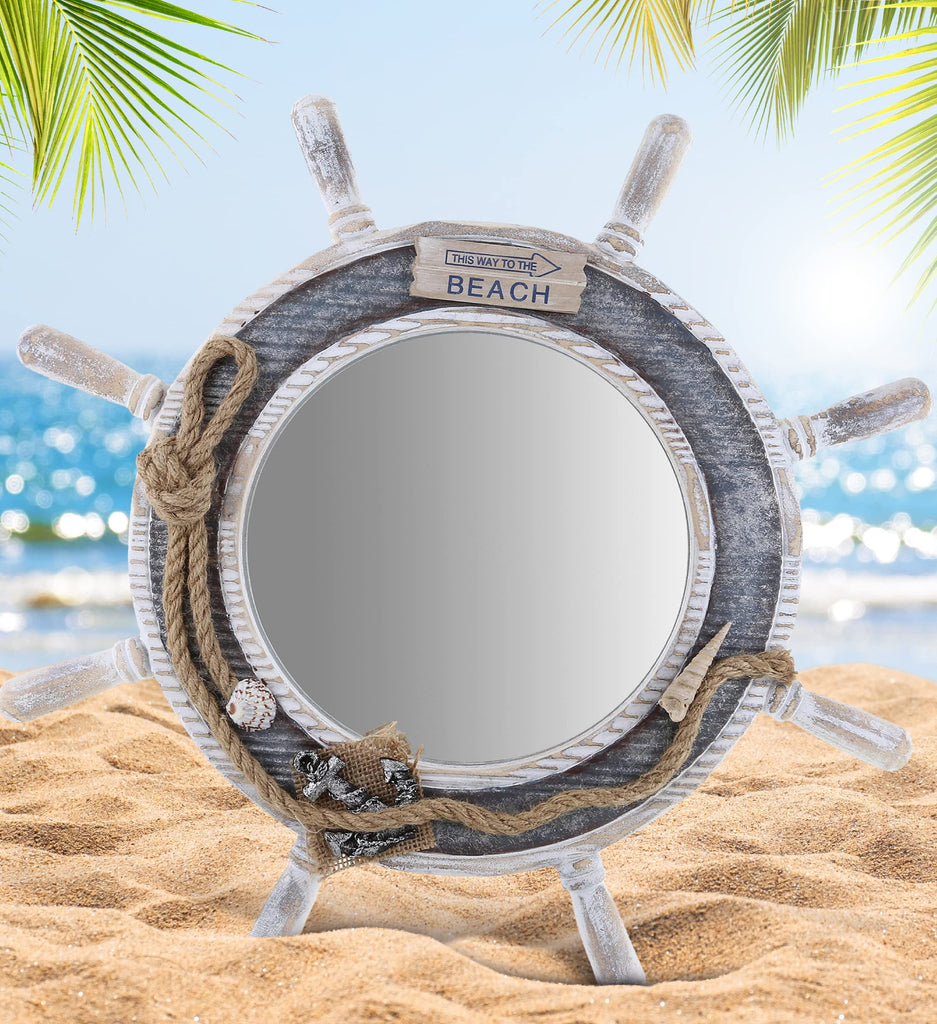 Silver Sea Beach Wall Decor Nautical Ship Wheel Mirror - Handcrafted Wooden Ship Wheel Mirror with Hanger, Nautical