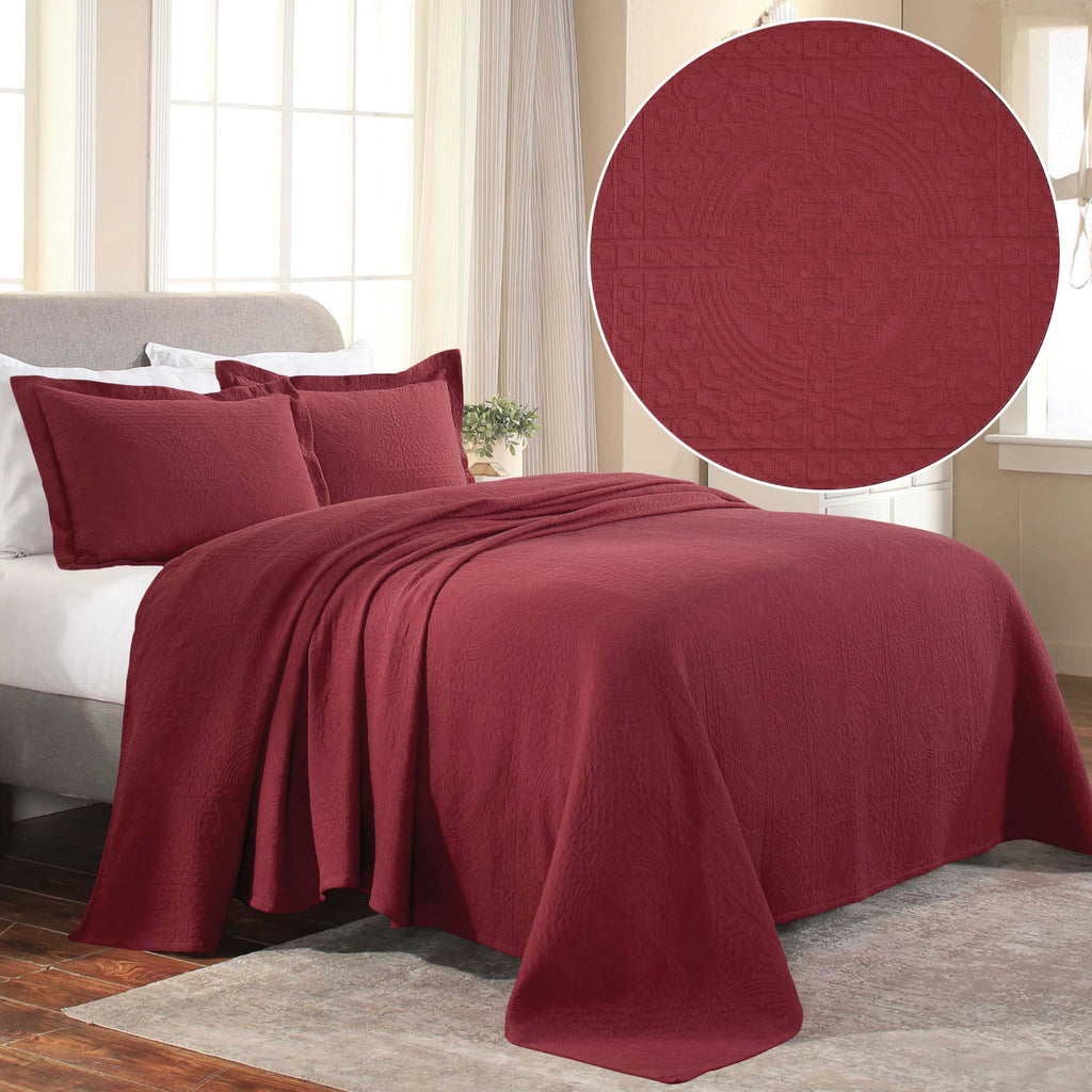 Cotton Bedspread, Jacquard Woven Matelasse Bedding, King, Garnet