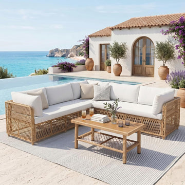 Outdoor Sectional 6-Seater Large Luxury Patio Furniture Set Modular L-Shaped Outdoor Furniture with Thick Cushion All